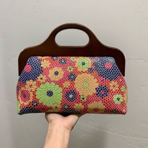 Handmade Large Genuine Cowhide Embossed Patent Wood Frame Bag & 2 Strap Styles